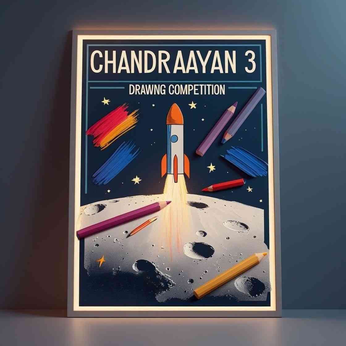 Poster design for Chandrayaan 3 Drawing Competition featuring a rocket launching from the moon, colorful pencils, and space elements in the background.
