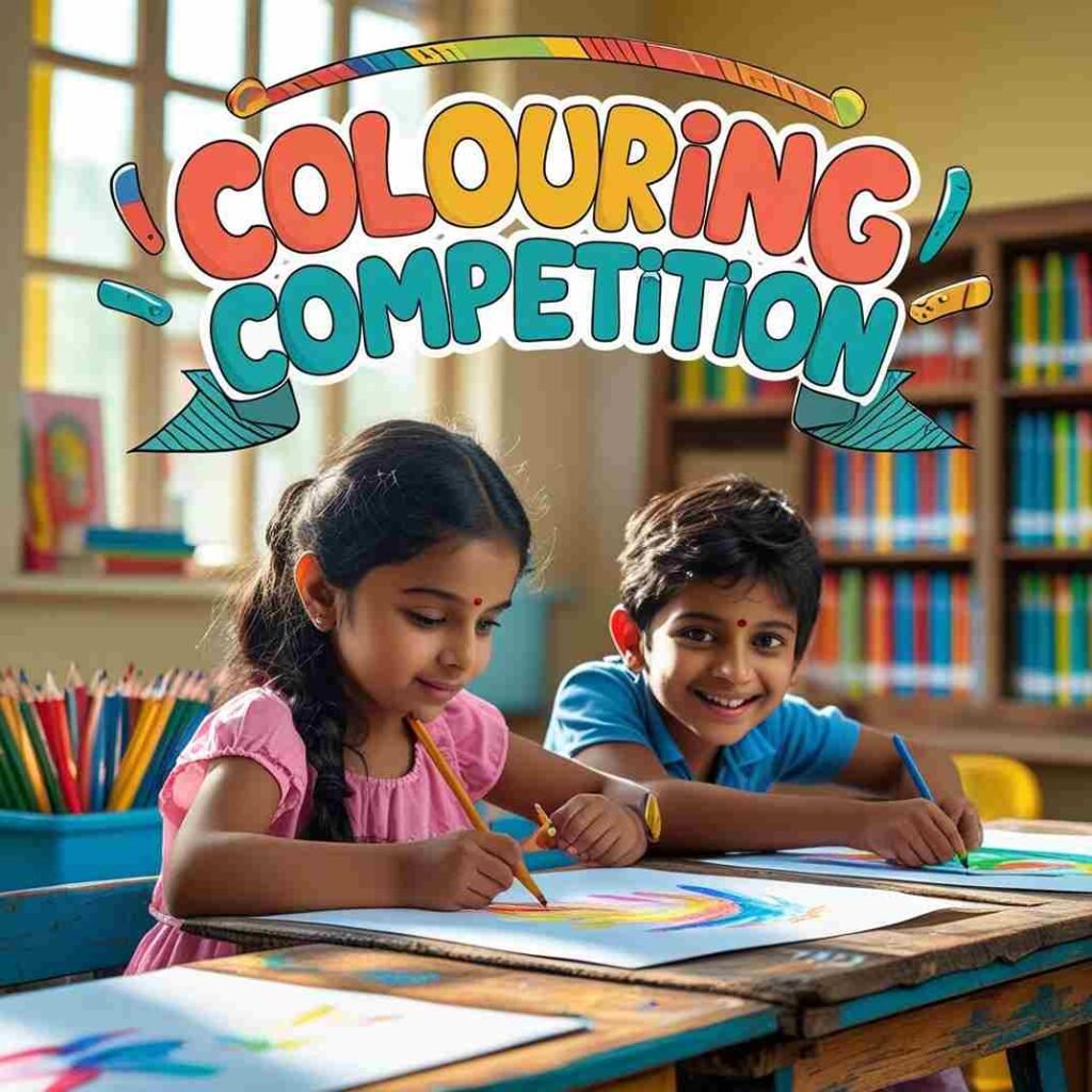 Two Indian kids enjoying a colouring competition with vibrant drawings in a classroom setting.