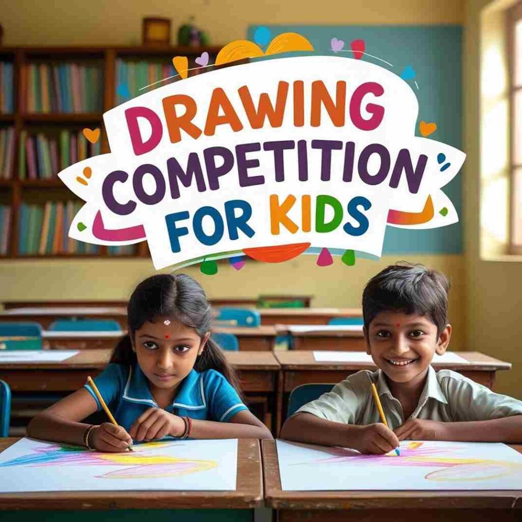 Two Indian kids participating in a drawing competition, seated at school desks with artwork in front.