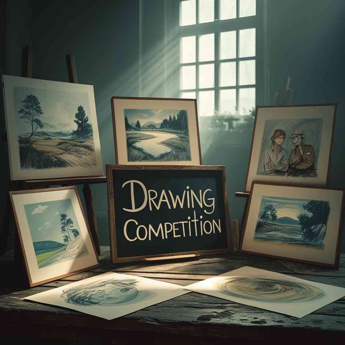 Framed landscape and portrait drawings displayed on easels and a wooden table with a sign reading “Drawing Competition” in natural light.
