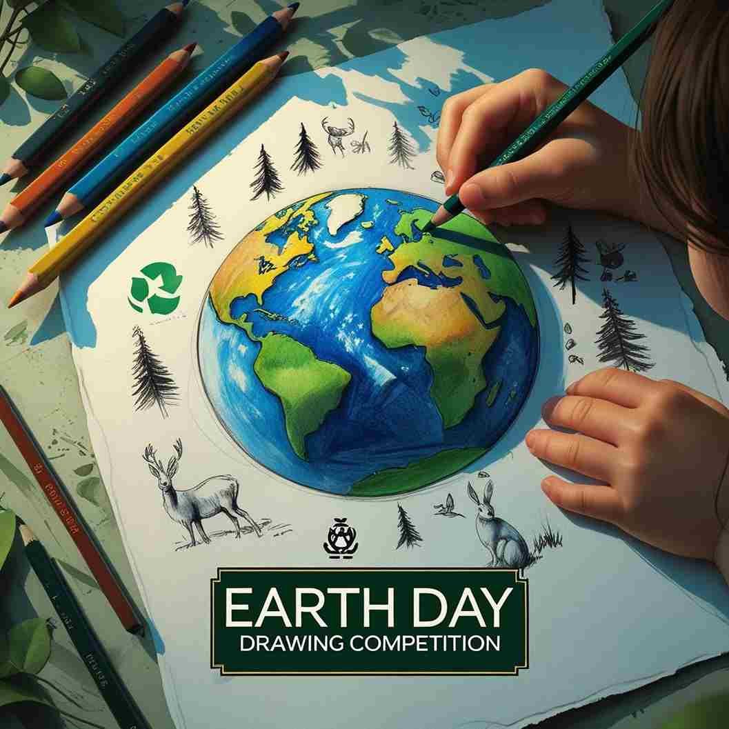 Child drawing a colorful Earth surrounded by trees and animals for an Earth Day Drawing Competition with realistic pencils and art tools on paper.