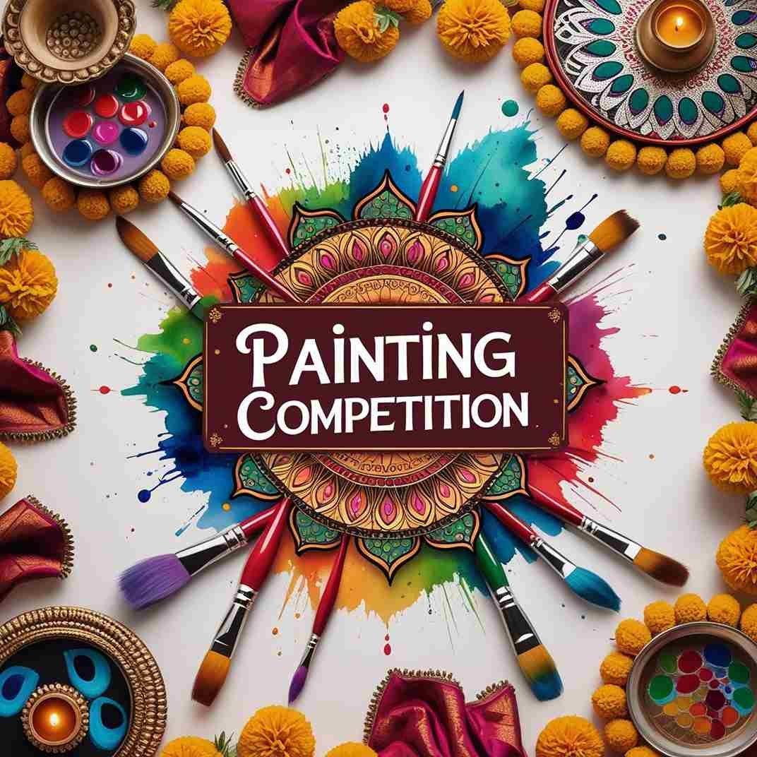 Poster design for Painting Competition with Indian traditional art elements and colorful paint tools.