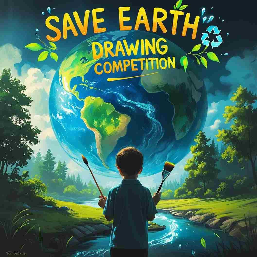 Child holding brushes with Earth in the background – Save Earth Drawing Competition poster