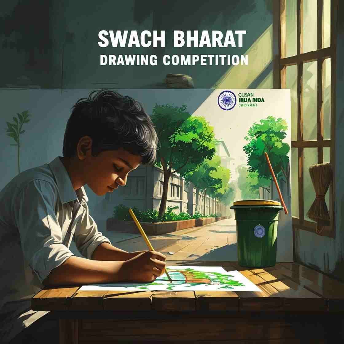 Boy drawing for Swachh Bharat Drawing Competition – clean India themed art