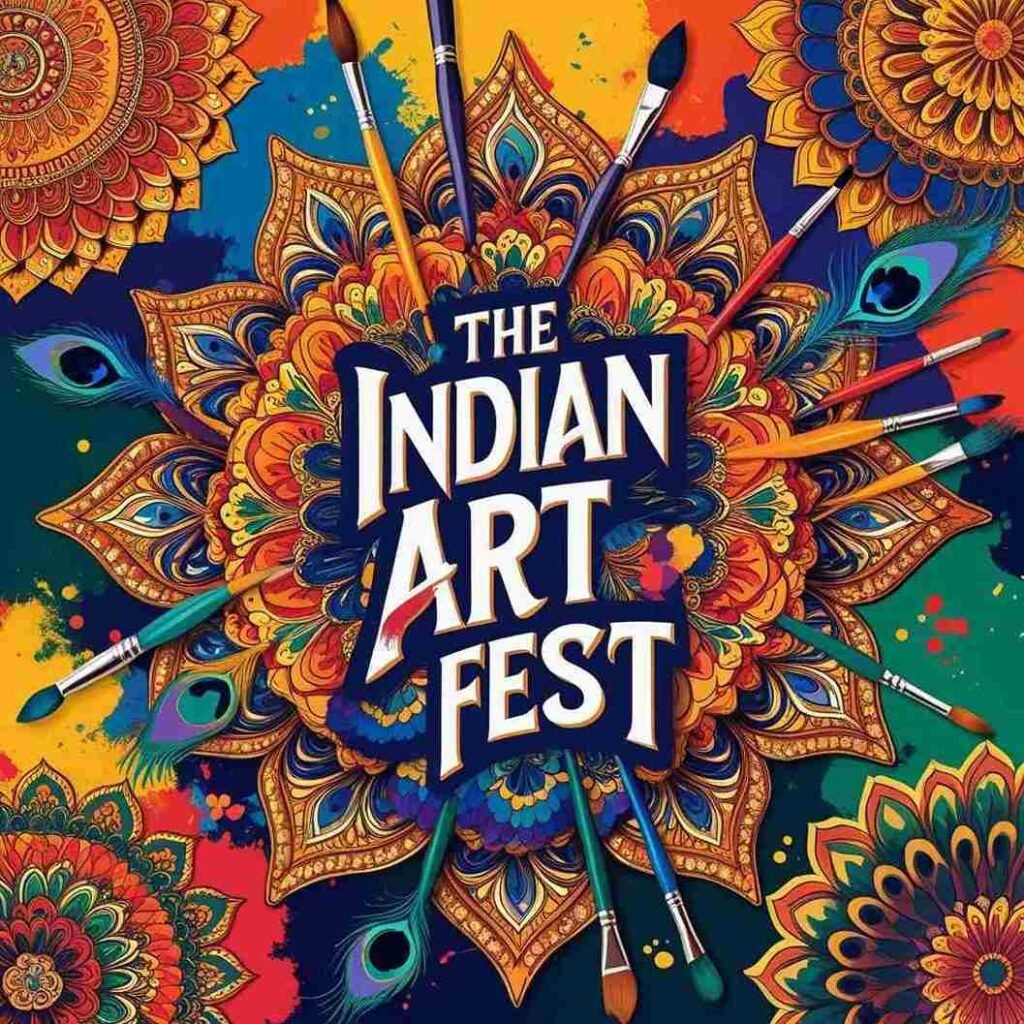 The Indian Art Fest – Vibrant Mandala Artwork with Brushes and Peacock Feathers