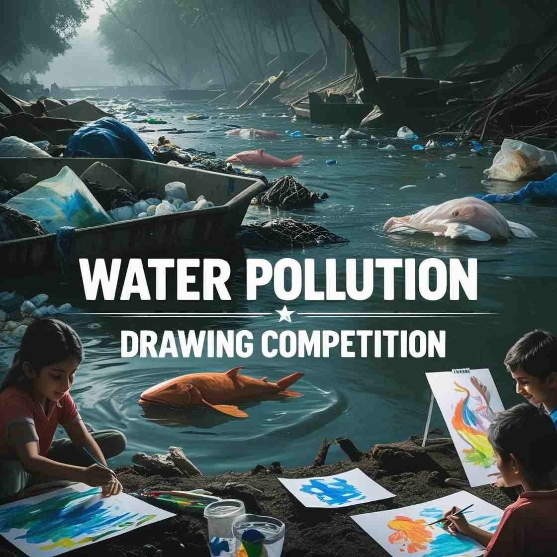 Children participating in the Water Pollution Drawing Competition, painting near a polluted river with plastic waste and dead fish, promoting awareness through art.