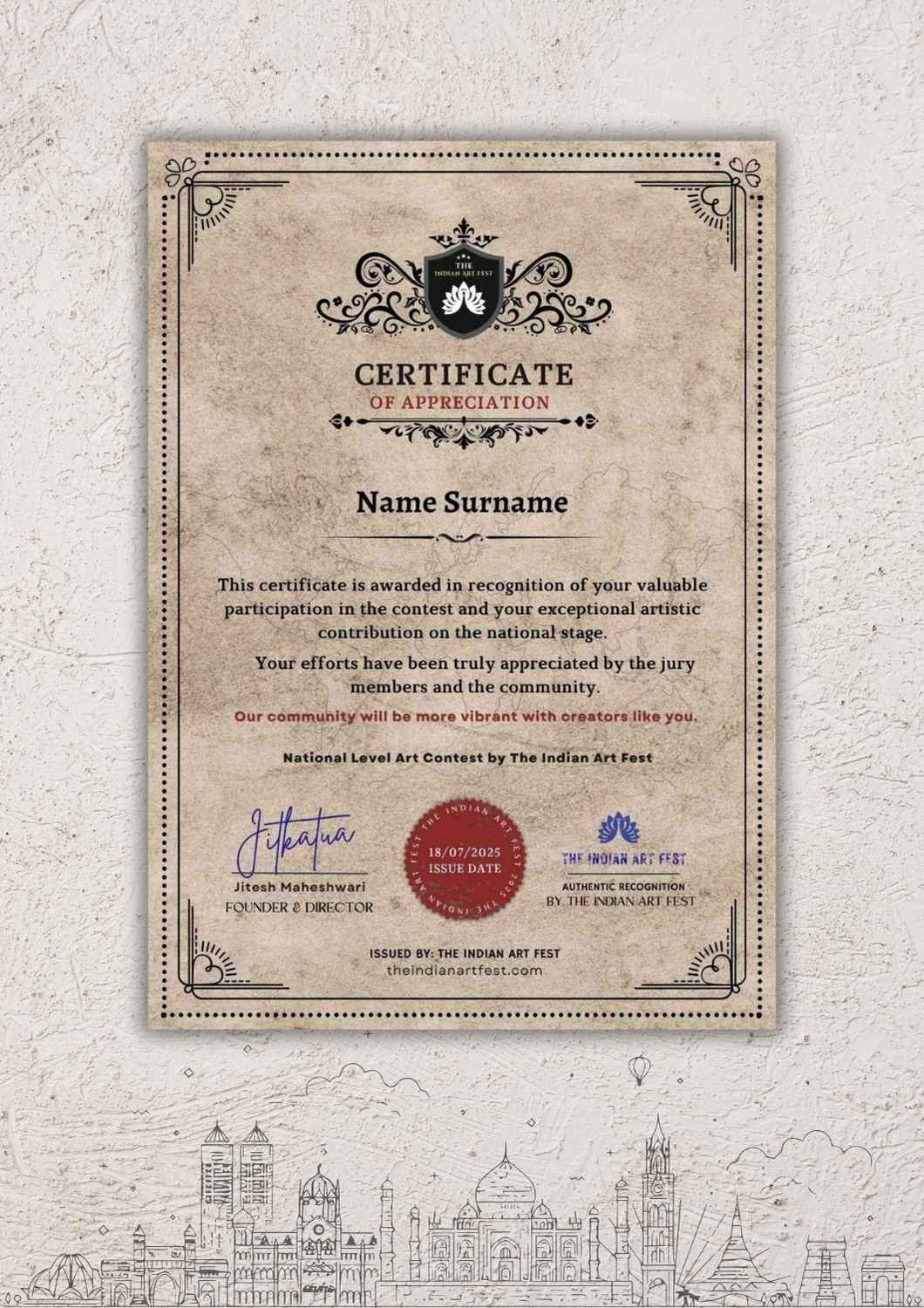 Certificate of Appreciation from The Indian Art Fest – National Level Art Contest