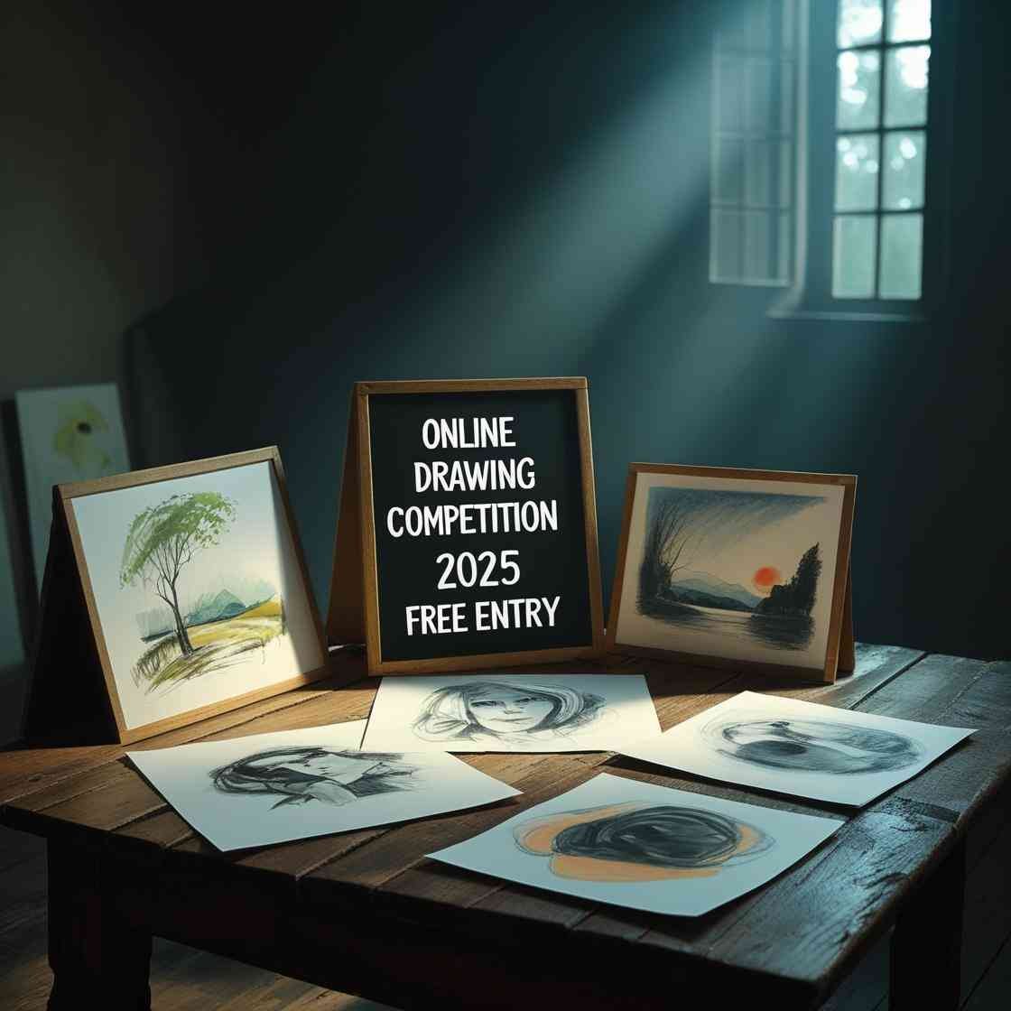 Framed drawings on a wooden table with a sign reading "Online Drawing Competition 2025 Free Entry" under dramatic natural lighting.