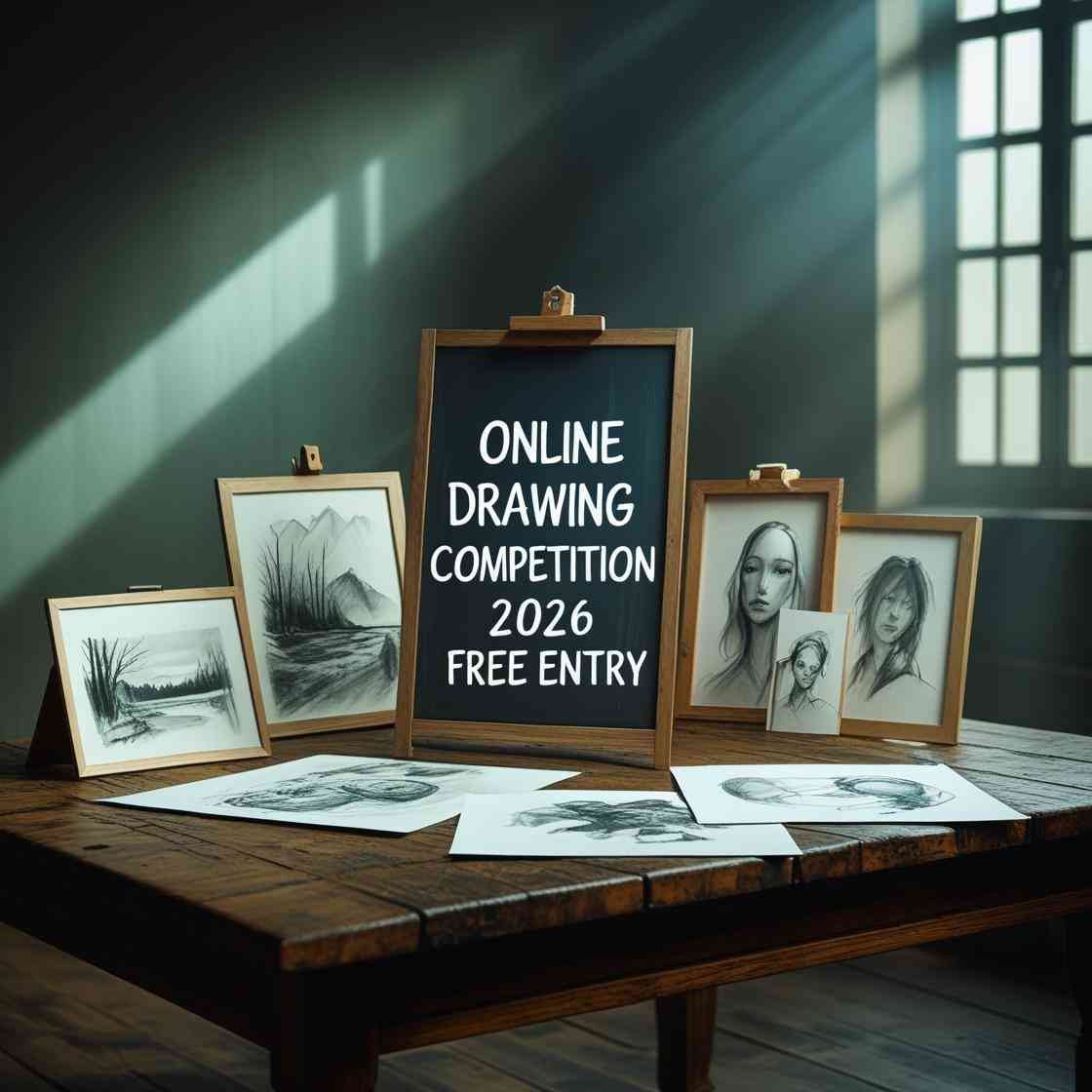 Online Drawing Competition 2026 Free Entry – displayed artwork and sketch submissions on a wooden table under sunlight.