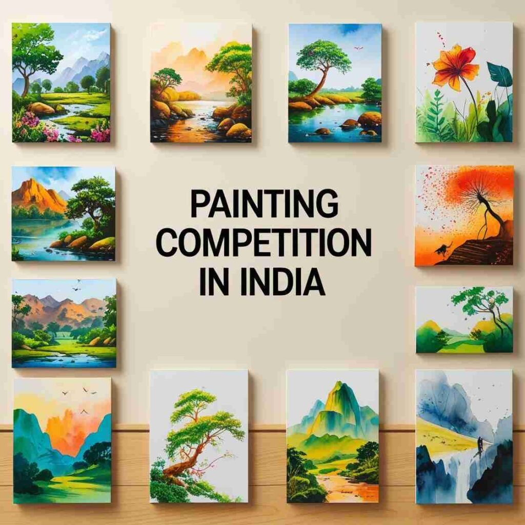 Collection of landscape paintings displayed around the title text Painting Competition in India