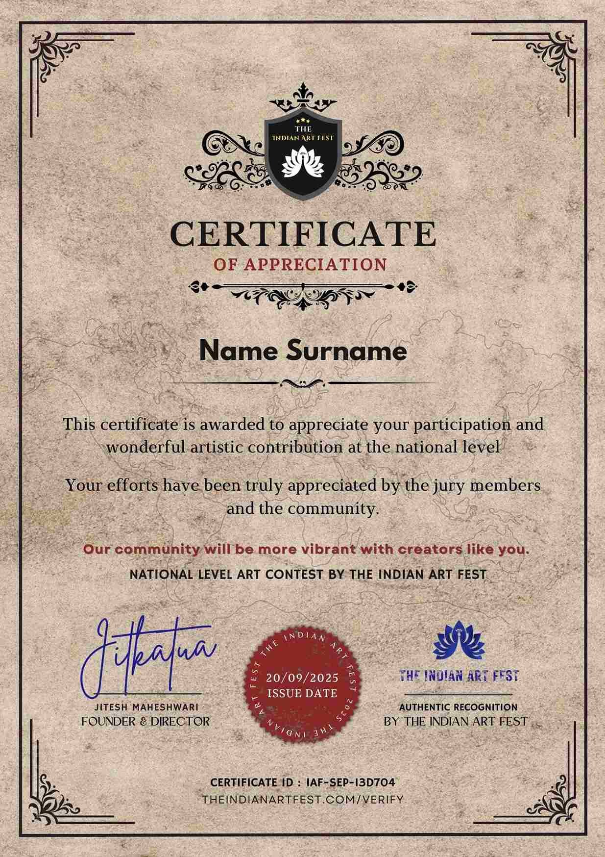 Art Contest Certificate of Appreciation awarded for artistic contribution and participation in The Indian Art Fest.