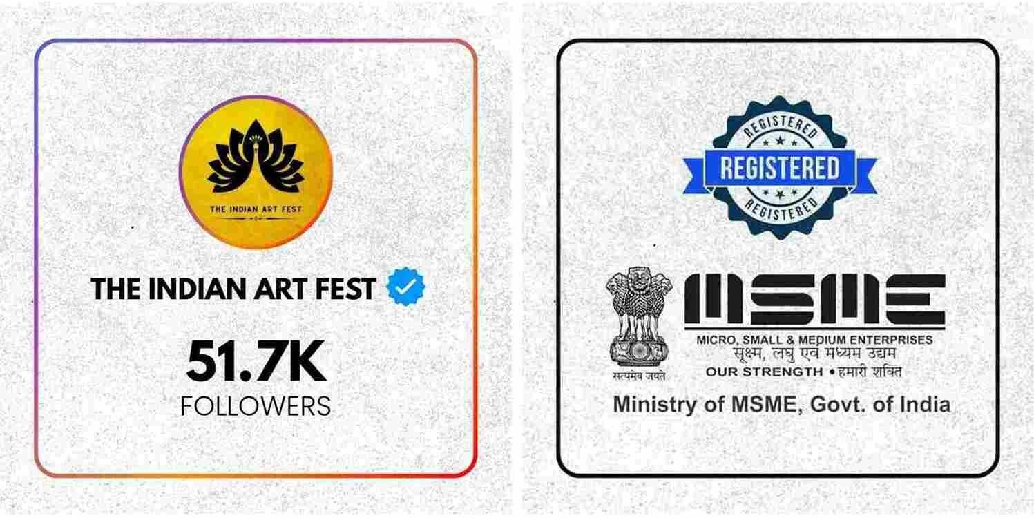 The Indian Art Fest logo with 51.7K followers badge and MSME registration certificate by Ministry of MSME, Govt. of India.